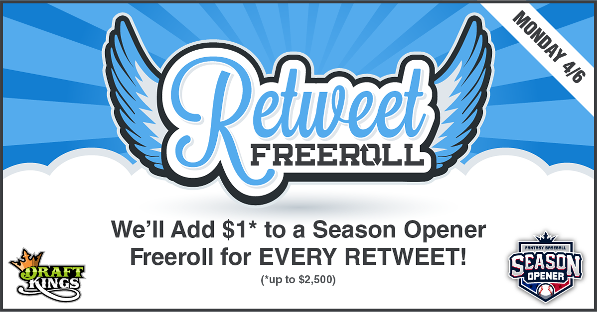 DraftKings's tweet photo. For every RT we will add $1 to a Fantasy Baseball FREEROLL on 4/6! Ends at 5:30pm EST! http://t.co/cuGMx5PXfi http://t.co/PtZvnzTbFs