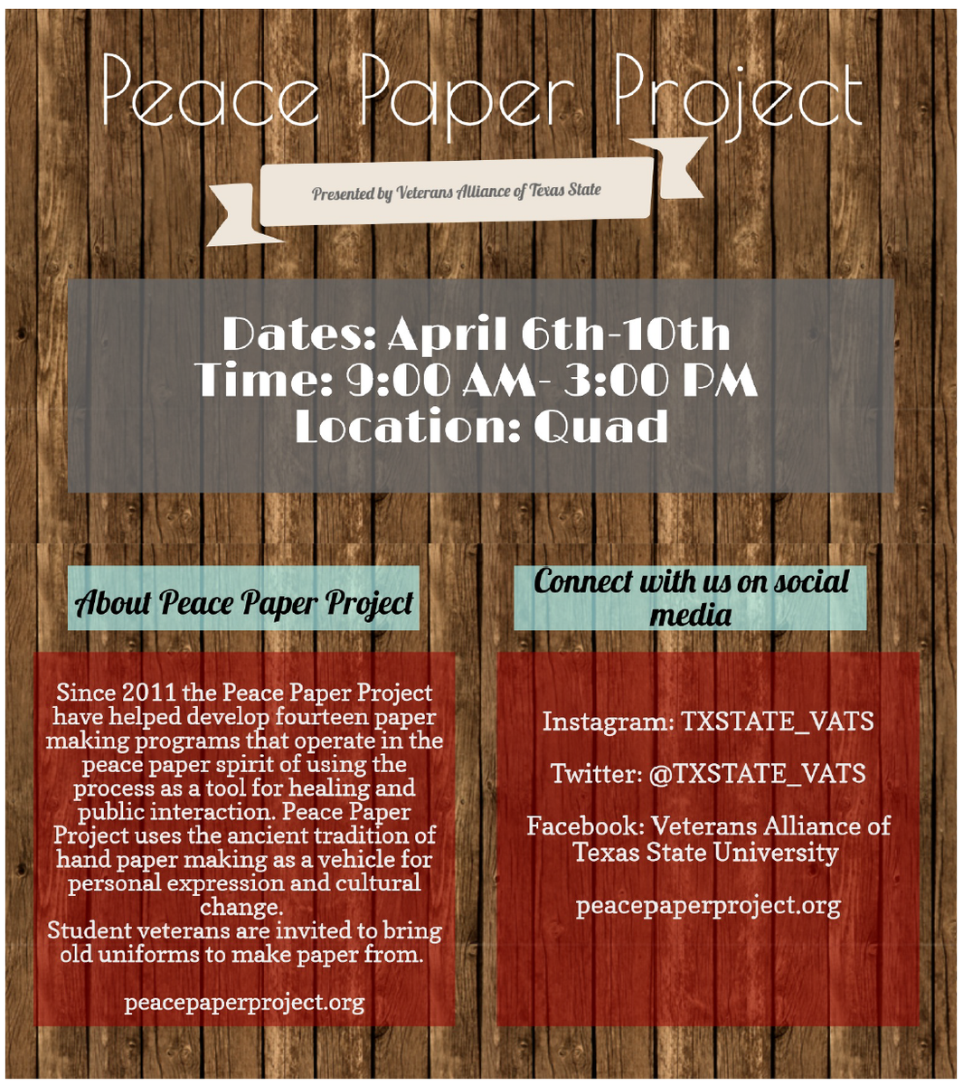 TexasStateVATS's tweet photo. Peace Paper Project is here all next week. All students are welcome #TXST #TXST19 #TXSTTrendsetter #BobcatFamily http://t.co/A8zUtBS81N