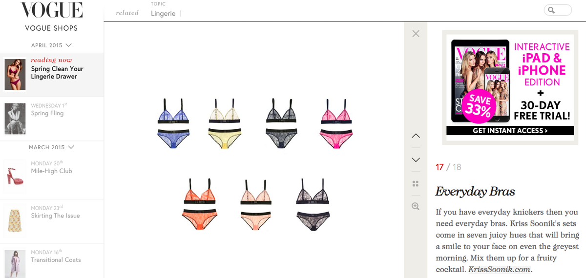 KrissSoonik's tweet photo. Colourful #RainbowOfBras featured in @BritishVogue's spring lingerie guide http://t.co/SAjGWkRFPF #oneforeachday #yay http://t.co/MIH5dfLnYa