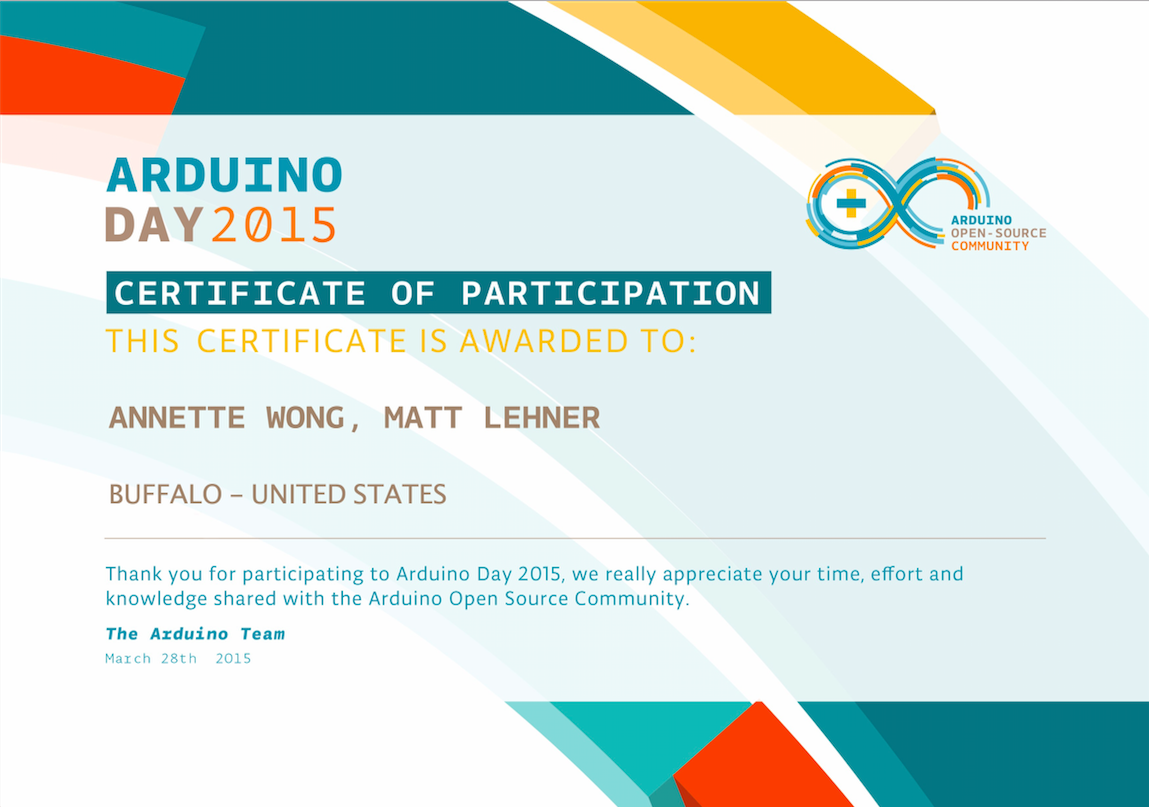 buffalolab's tweet photo. Received our Certificate of Participation from @arduino today! #ArduinoD15 #Buffalo http://t.co/QlXjUam5d2