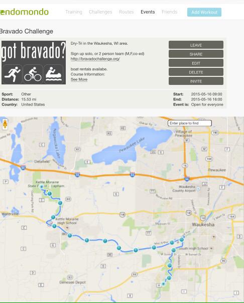 gotbravado's tweet photo. @Endomondo made The Bravado Challenge route on https://t.co/KELIQAIxym Over 15 miles of run/bike/paddle course in WI! http://t.co/GCwfQwDXKG
