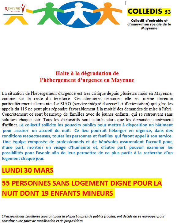 RESF53's tweet photo. #Laval Lundi 30 mars : 55 personnes sans #logement digne pour la nuit, don 19 enfants mineurs #COLLEDIS53 #RESF http://t.co/mgnNSPocwx