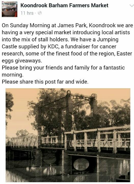 Easter Sunday = Koondrook-Barham #Market at James Park 🎪
m.facebook.com/profile.php?id… 
<a href="/penfreshorganic/">Wayne Shields</a> <a href="/GannawarraTimes/">Gannawarra Times</a>