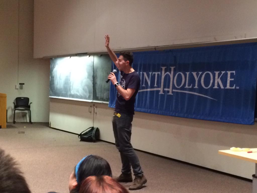 rexstjohn's tweet image. .@YayNickQ from @MLHacks on stage at @HackHolyoke! #Makesoftware