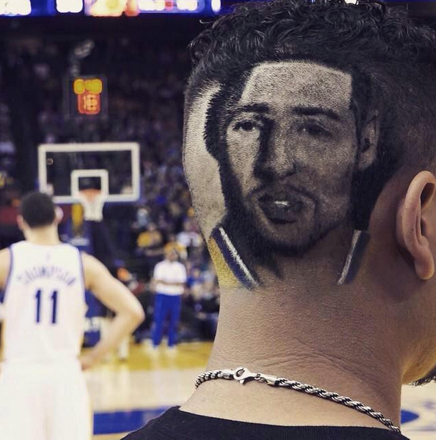 AlexHarrisFiat's tweet photo. If @YoungIvee picks #Cal I will shave his profile into my head like this guy did for Klay! #GoBears #Legend http://t.co/k8llkS9Wno