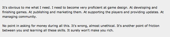 An argument as to why you shouldn't charge for your early work: gamasutra.com/blogs/SasaStub…