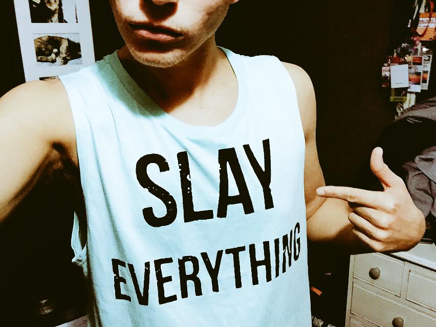 TheVampsJames's tweet photo. So @TheTideAustin got me this vest. It is now my pj top at home haha. Cheers bud! http://t.co/tvKaw2mfy9