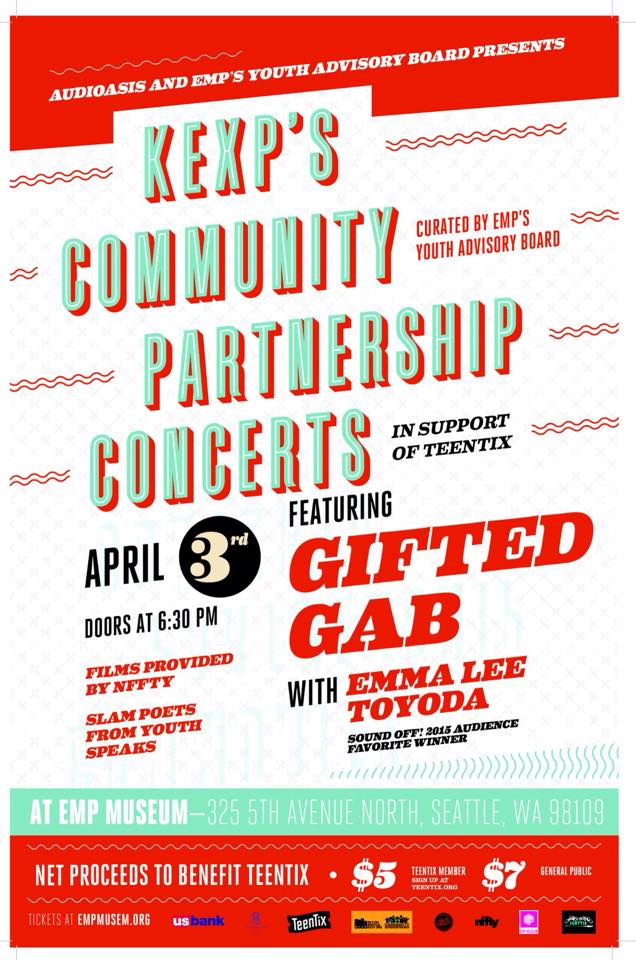 kexp's tweet photo. Tonight! @Audioasis Benefit for @TeenTix at @EMPMuseum w/ @Gifted_Gab + @EmmaLeeToyoda! http://t.co/vyF5j6vIOH http://t.co/Akyx6WOOU5