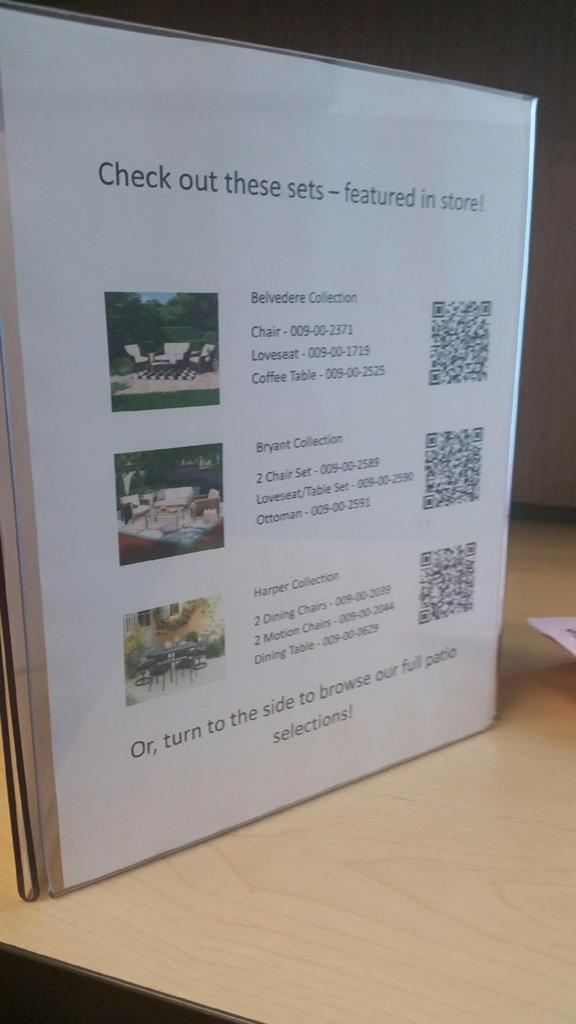 tcordara's tweet photo. Way to drive patio sales both in-store as well as on .com @KennyMahoney #tabletalker #sales #qrcodes http://t.co/7tjQSC0RNi