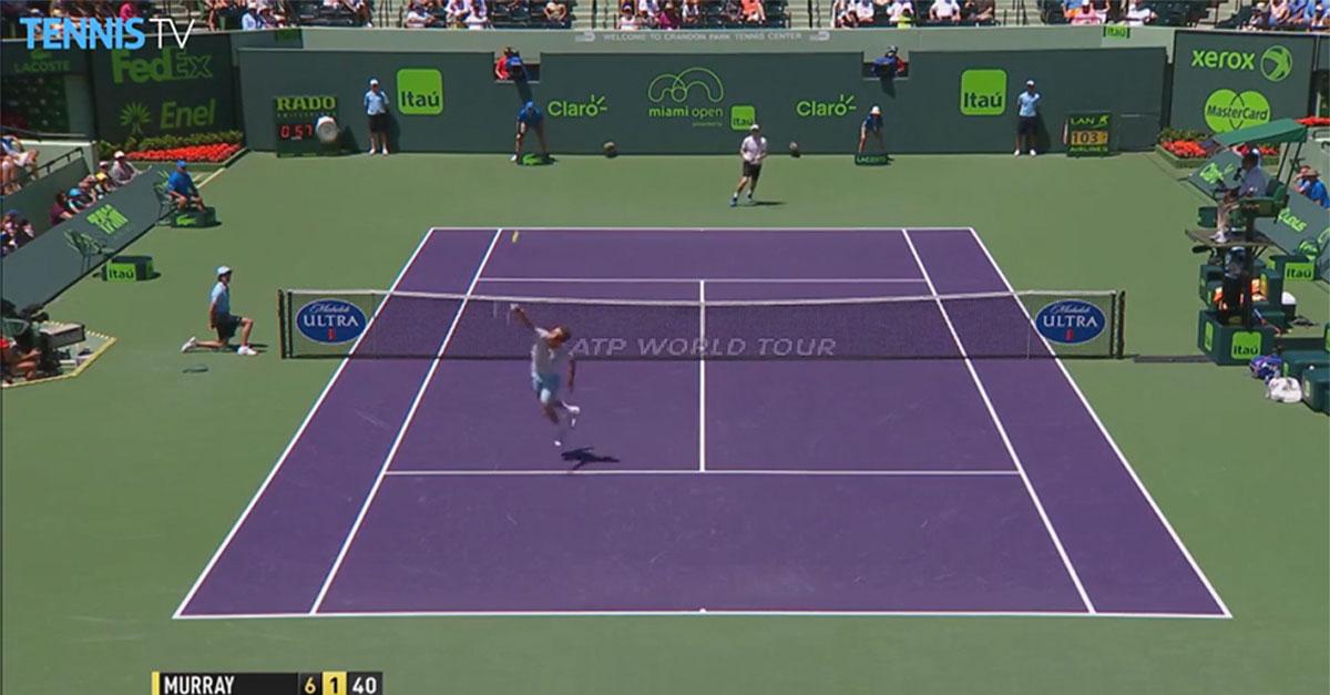atptour's tweet image. Does @andy_murray have #Berdych beat with this lob in Miami? Watch Hot Shot: bit.ly/1bUFnj6 #MarchMasters