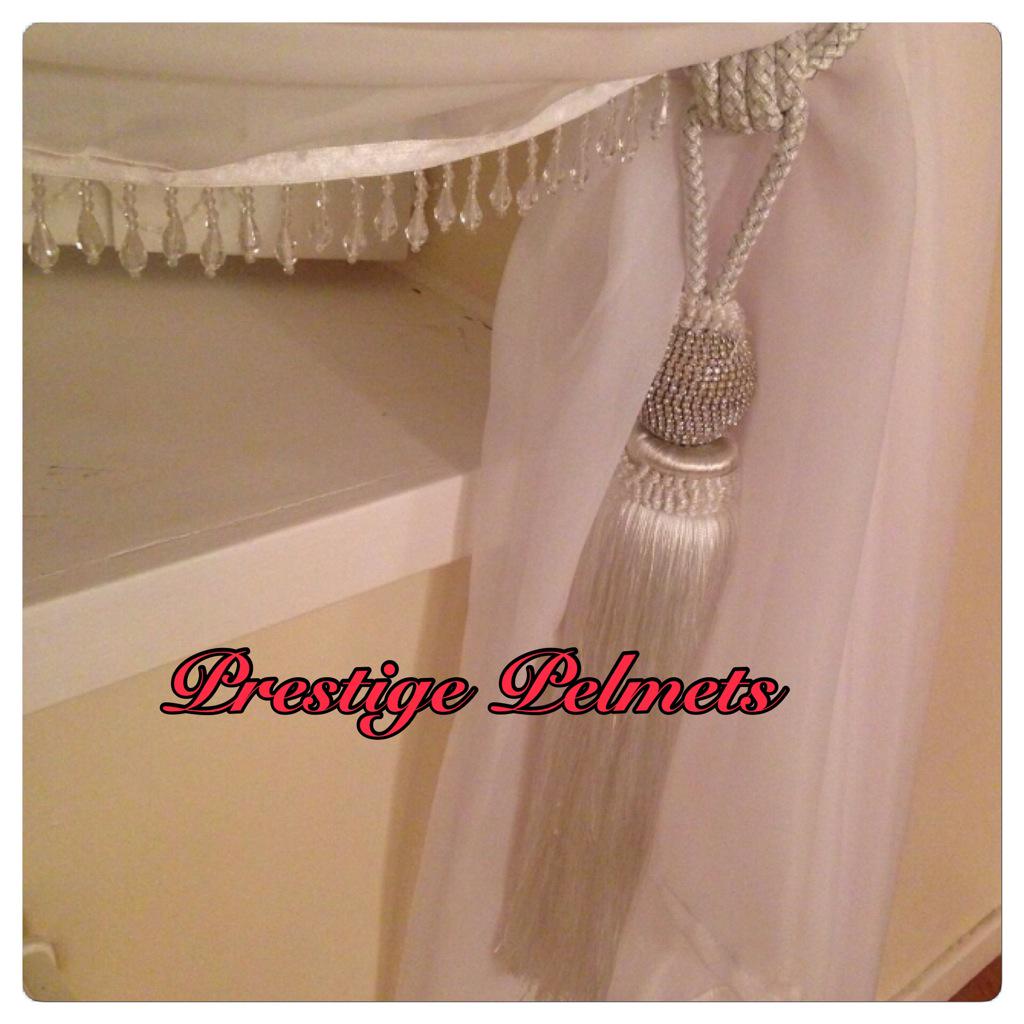 Bespoke white beaded voiles. Diamonte bling tie back ❤️ #prestigepelmets #madetomeasurecurtains