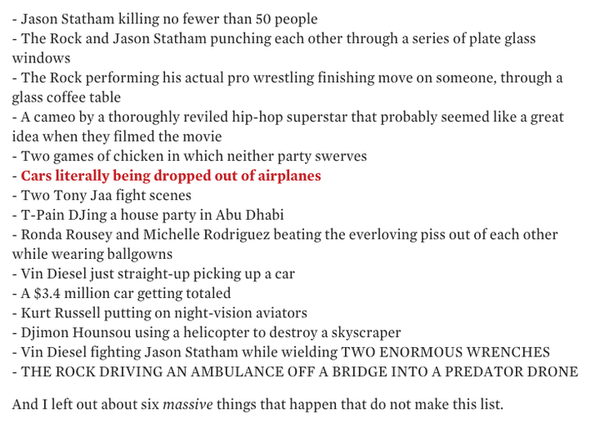 SBNation's tweet photo. Furious 7 won’t be the BEST movie you’ll ever see, but it may be the MOST movie. http://t.co/3Sgp99oCav http://t.co/E5OYIM9L8V