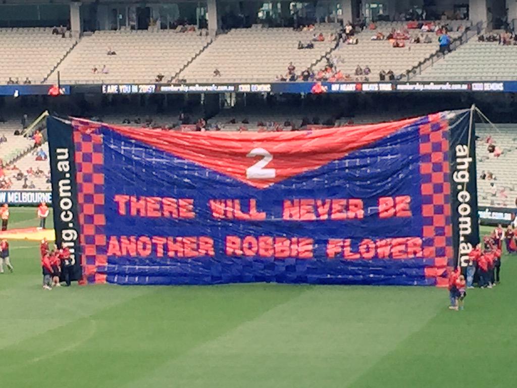 Brian_Peel's tweet photo. Remembering our club legend #RobbieFlower at the @MCG. #GoDees @melbournefc #RobbieFlowerWing ❤️💙 http://t.co/LOT1LfGipg