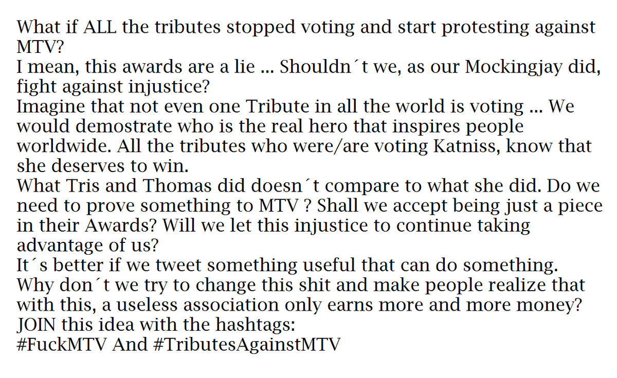 MestizaMagica's tweet photo. @survivor_katnip @dome_sprt that is why we do this: #KatnissIsMyHero #TributesAgainstMTV #FuckMTV http://t.co/e3WnFoQZnh