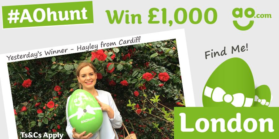 ao's tweet photo. London! We've hidden our #AOhunt egg in the city. After 100 RTs we’ll post Clue 1. Follow to find it and win £1000! http://t.co/uvEdItgyTu