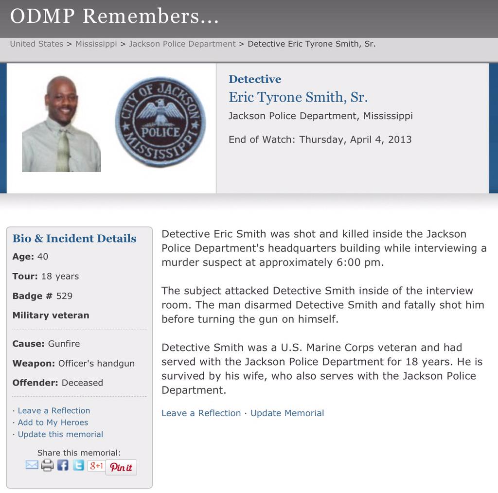 460km's tweet photo. In memory of our American friends, Detective Eric Tyrone Smith, Sr. #JacksonPD
EOW: April 4, 2013
#HeroesInLife http://t.co/VwIsKcX9Yt