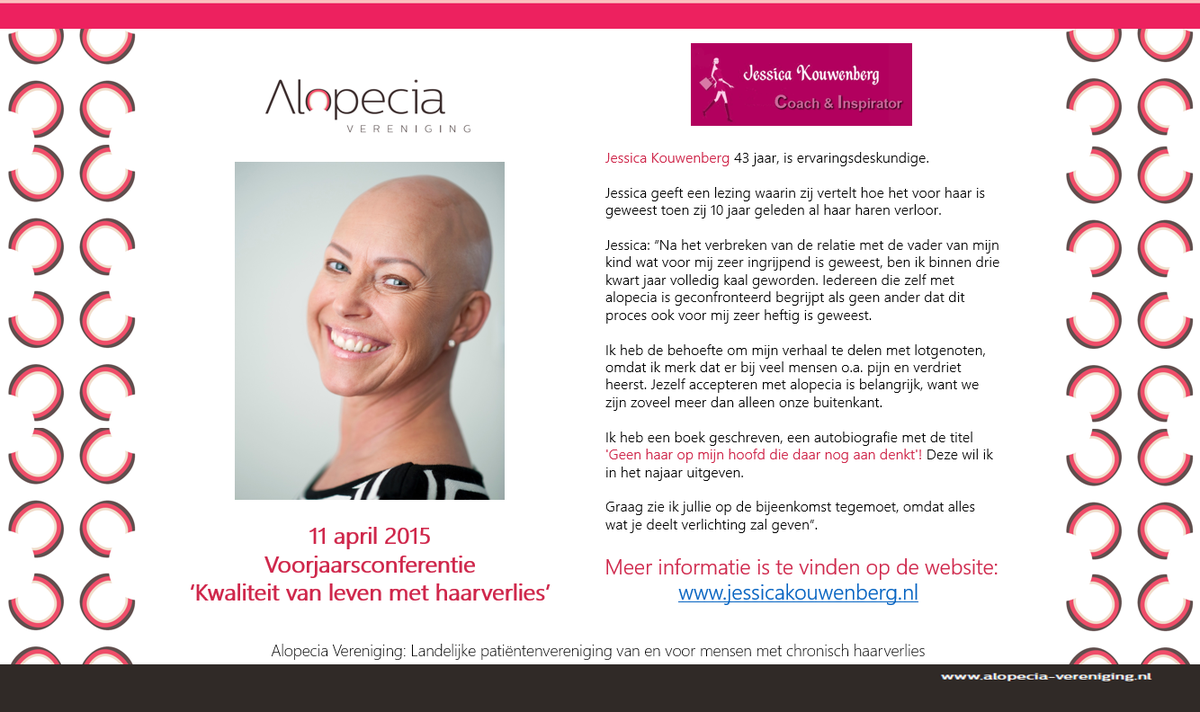 AlopeciaVerenig's tweet photo. 11 april: #Alopecia Voorjaarsconferentie: 'Kwaliteit van leven met alopecia'. Nog 7 dagen! Met oa Jessica Kouwenberg http://t.co/bC08QfMOKT
