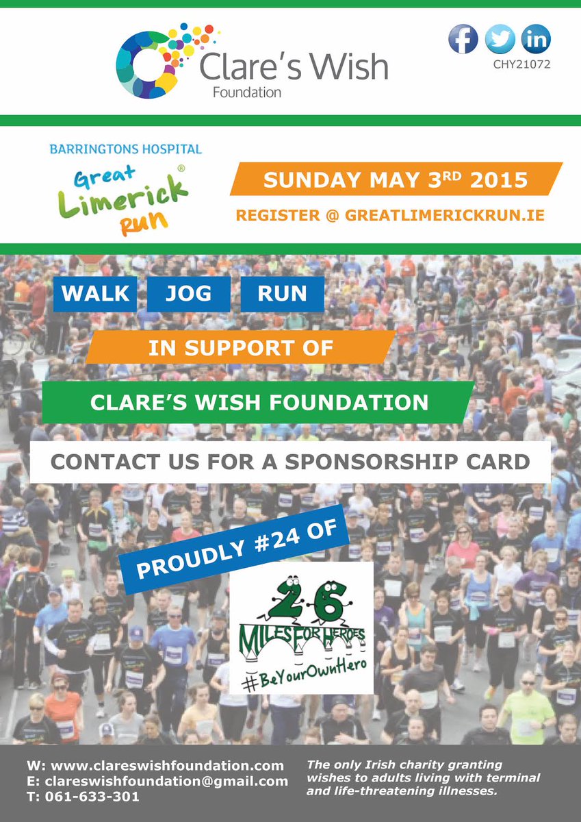 <a href="/Limerick_AC/">Limerick AC</a> 4 Weeks to go to the Great #Limerick Run. Walk Jog or Run In Support of Clare's Wish Foundation.