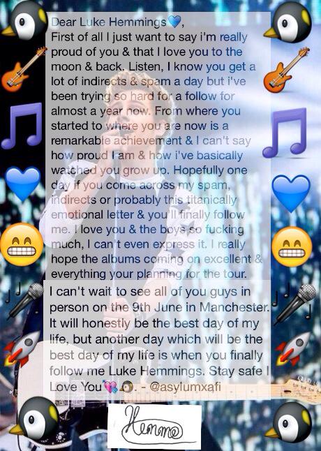 13uIts's tweet photo. @Luke5SOS if my letter gets 500+ retweets will you please finally follow me, ilysm💖🎸🐧🎤. It means so much😁😔 http://t.co/DFN3rp77JG