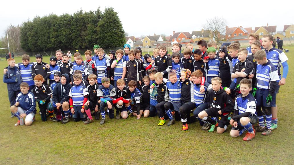 stevie_five's tweet photo. @ColchesterRFC and @OfficialKRFC U12s Black and Blue after today's games. Have fun on tour Kettering! http://t.co/wp4kk9Ji6e