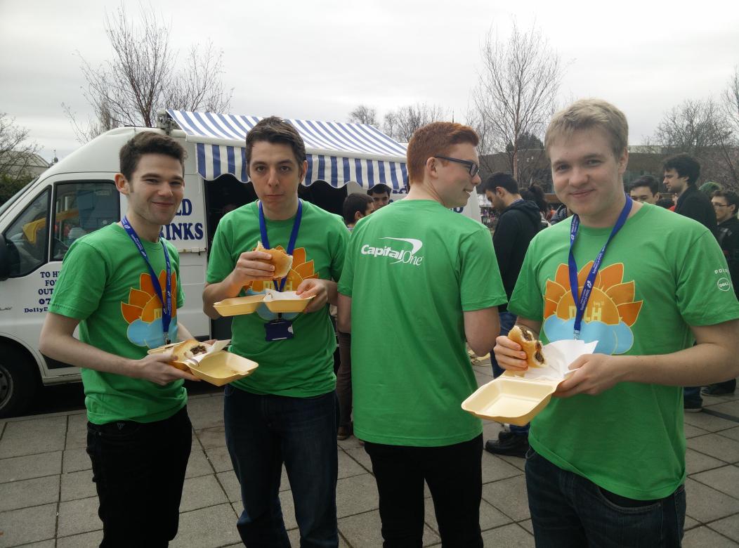 MLHacks's tweet photo. These @CapitalOneGeek Spring t-shirts are super popular @Hackdee2015! It's now one team's uniform! Thanks @PeteC! http://t.co/IBSEkLRNN7