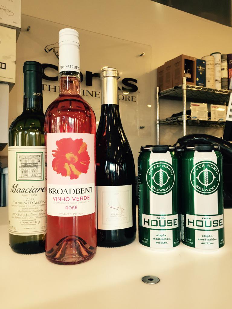 CorksWineStore's tweet photo. Swing on in for today's tasting: @rivernorthbrew FarmHouse, French Carignane, Vino Verde Rose &amp; Italian Trebbiano! http://t.co/qRuS4bCRid