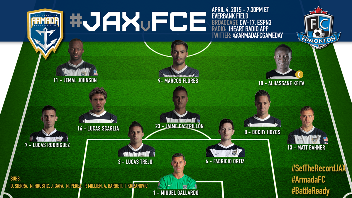 JaxArmadaFC's tweet photo. Starting XI &amp; subs for #JAXvFCE. Still time to get to @EverBankField &amp; get your last minute TIX #SetTheRecordJAX http://t.co/dcg7SyKt8i
