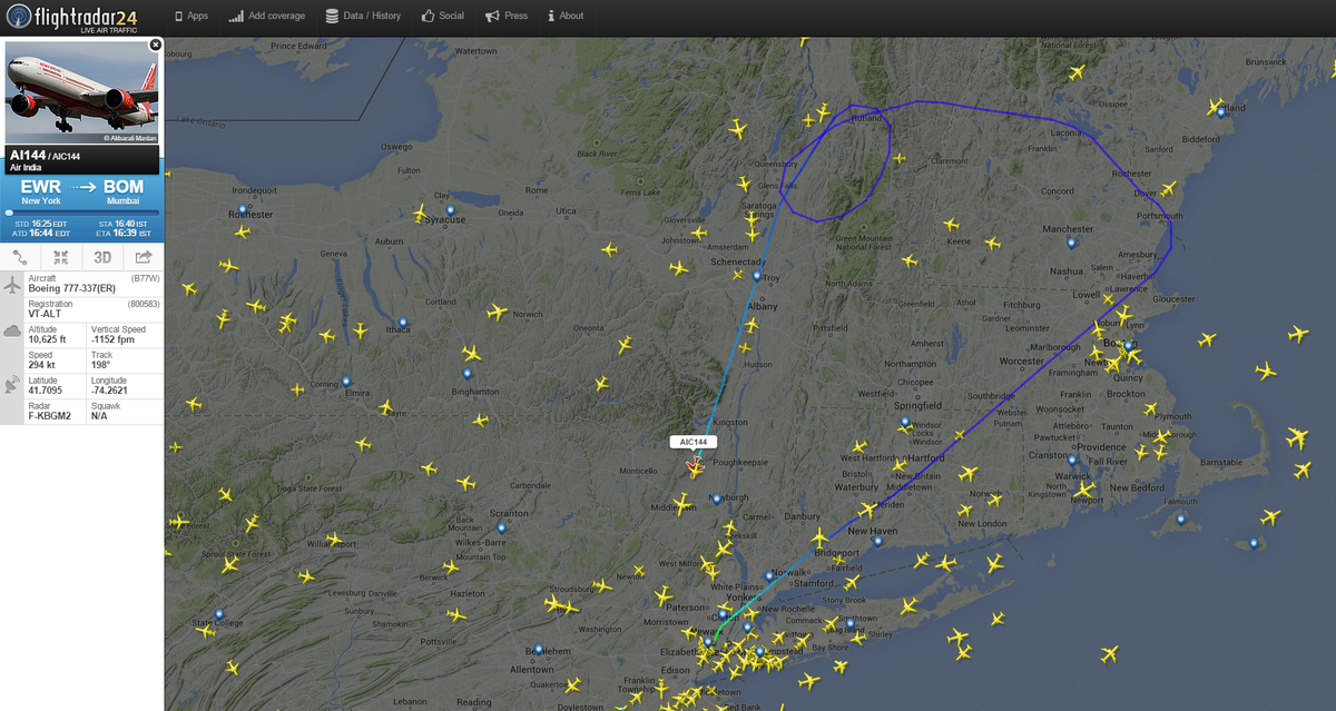Air India flight AI144 from New York to Mumbai is returning to New York