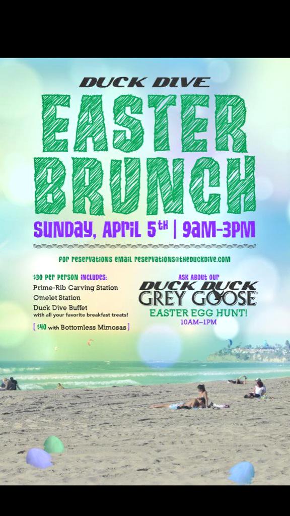 LeiningerMattie's tweet photo. Tomrrow Easter brunch @TheDuckDive bottomless mimosas, beach Easter egg hunt, buffet ribeye roast. 9am 🐰🐥🌸 http://t.co/J3ZP8ERGpP