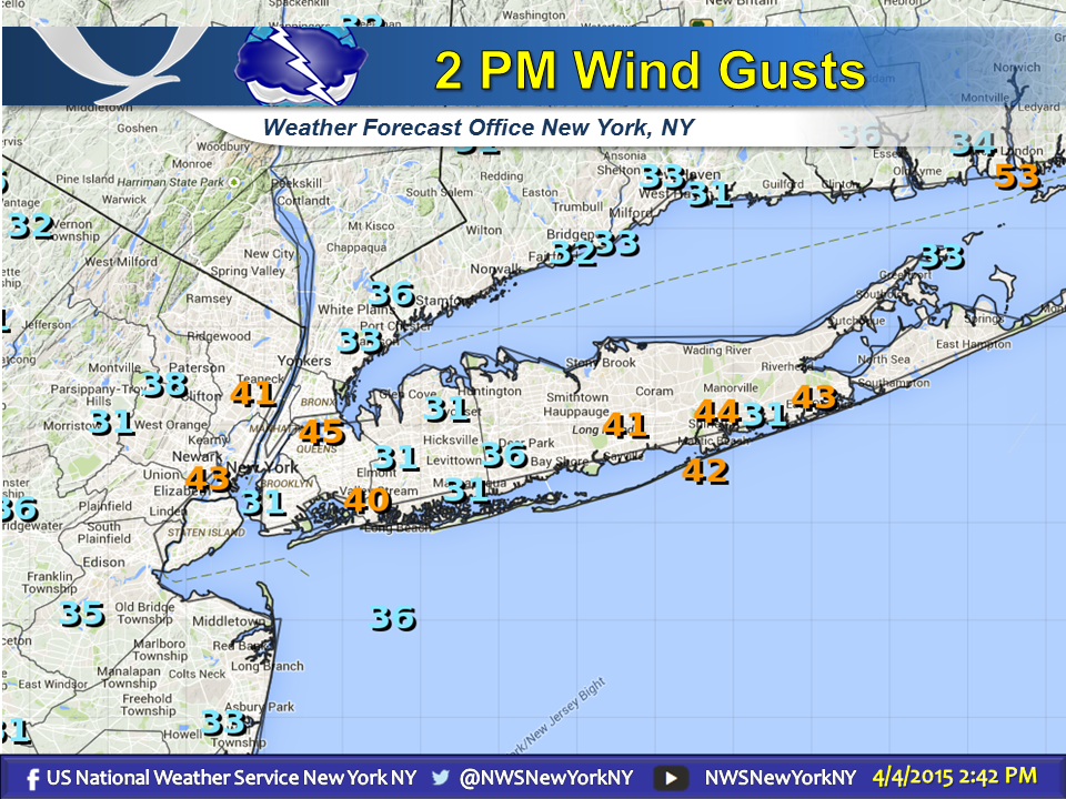 NWSNewYorkNY's tweet photo. Some notable wind gusts across the region at 2pm this afternoon.
Newburgh: 46 mph
LGA: 45 mph
Shirley: 44 mph http://t.co/KNFLRoPHTw