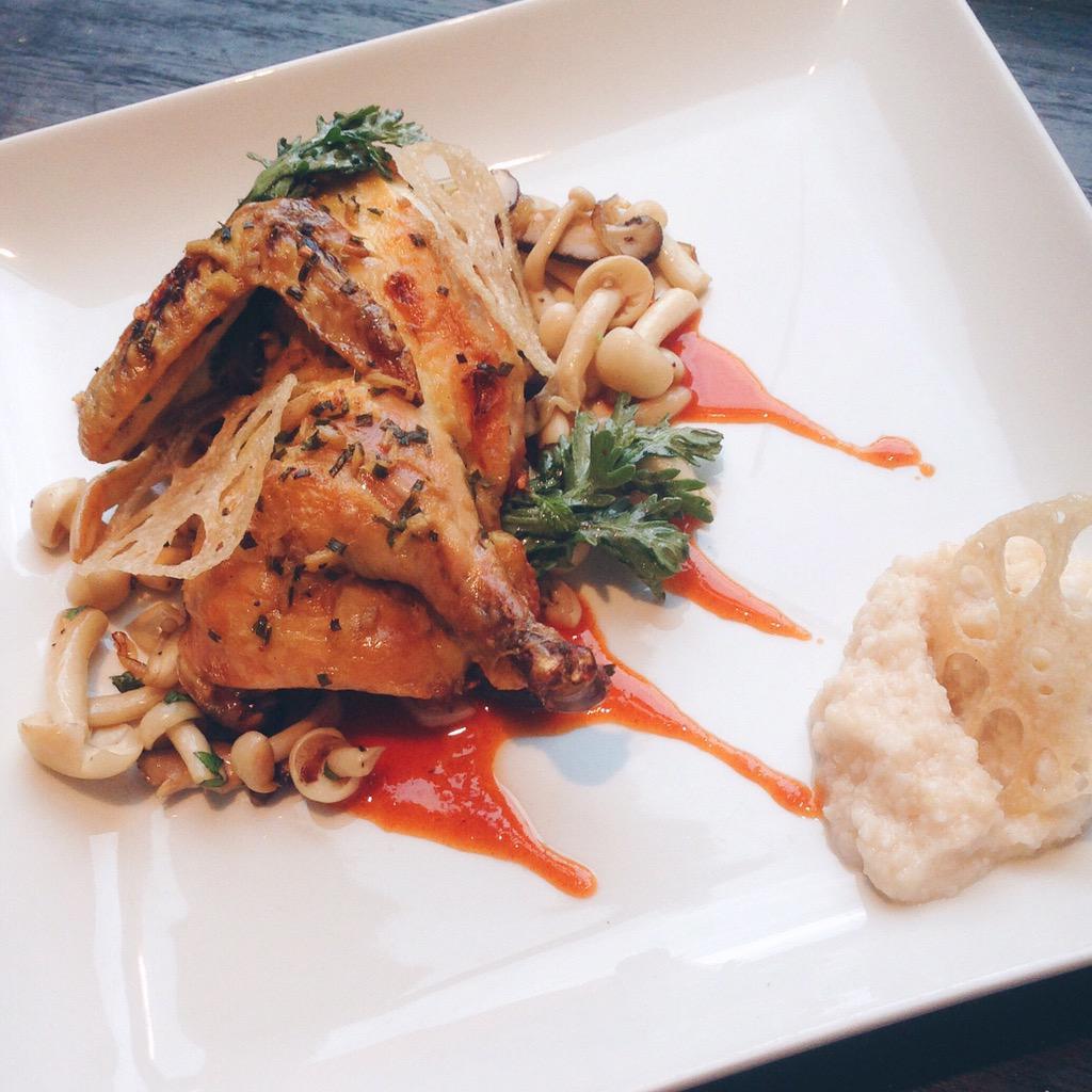 This week's chef's feature: Cornish hen confit, Asian chimichurri, hon shimeji, grits.