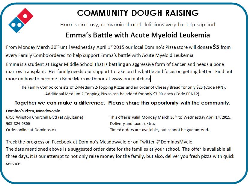 DominosMvale's tweet photo. @MississaugaMoms Offer Extended @DominosMvale fundraiser.Order a family combo &amp; $10 goes to Emma Pls RT #pizzaforemma http://t.co/yQF57fvvWP