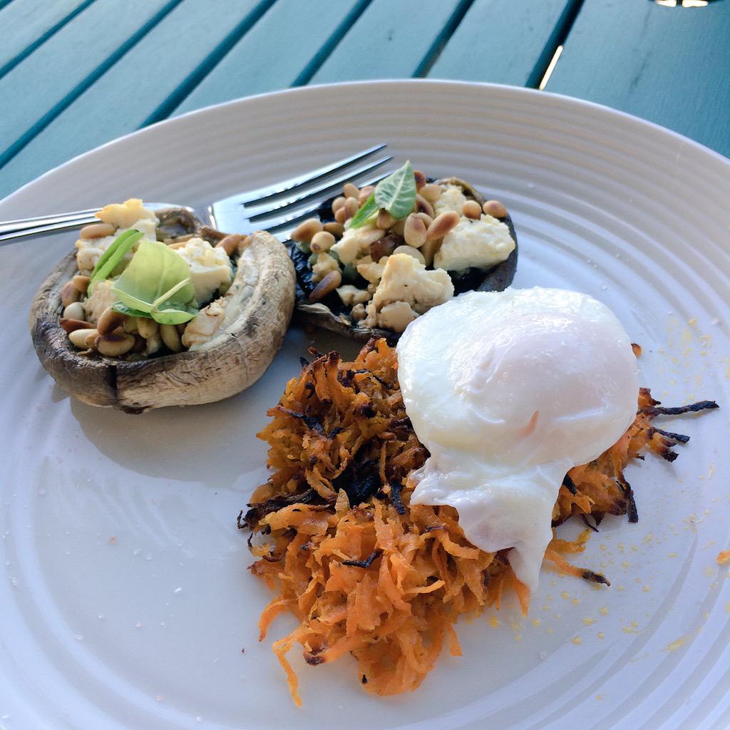 Awesome combo! @yummololaberry grilled mushies & @churchill_dan sweet pot rosti for #Easter brekky! #TheHappyCookbook