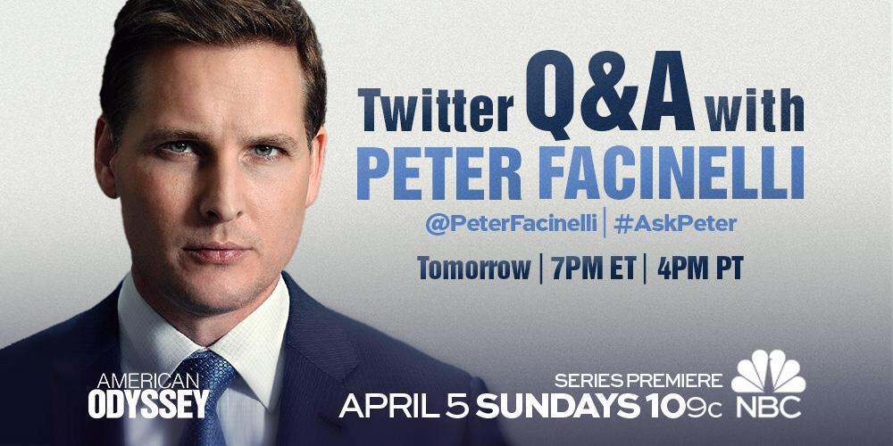 peterfacinelli's tweet photo. Live QNA on Twitter tomorrow be4 the premiere of #AmericanOdyssey 7pm Est Who wants to question me on Easter Sunday? http://t.co/ATuDuLwrfE