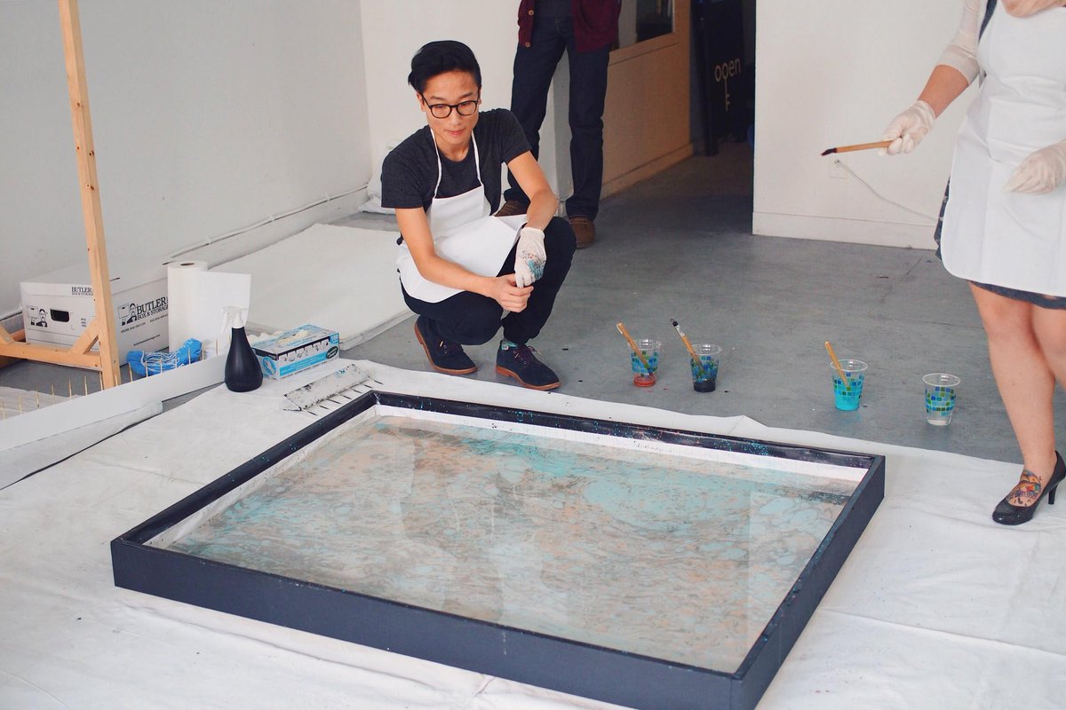 Live art and paint marbling for @wxa100’s Ampersand &amp; Binary launch at <a href="/thisopenspace/">thisopenspace</a>. 🎨 @HethPR #roomtoplay #wxa100