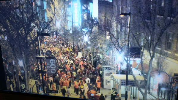 500/600 block of State Street 100% packed with happy #Badgers fans. Celebrate big but be safe and responsible, folks!