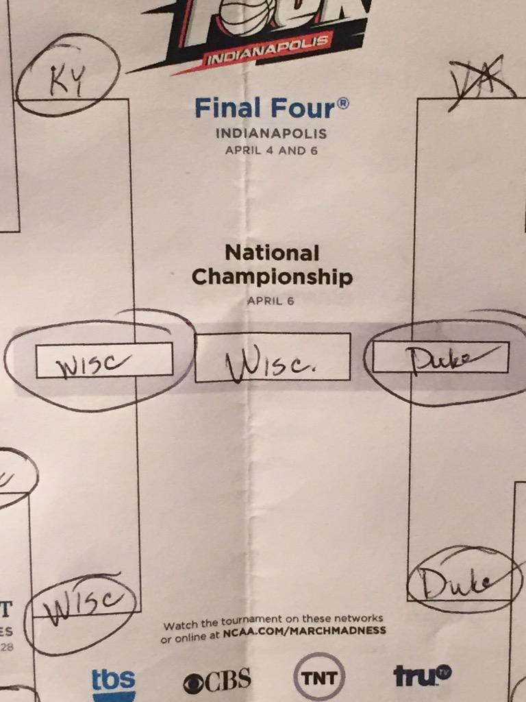 katieplocke's tweet photo. Also, I would like to inform everyone that Sharon Locke has Wisconsin &amp; Duke in the championship. Where's the money?💰 http://t.co/W1rvqkUtK1