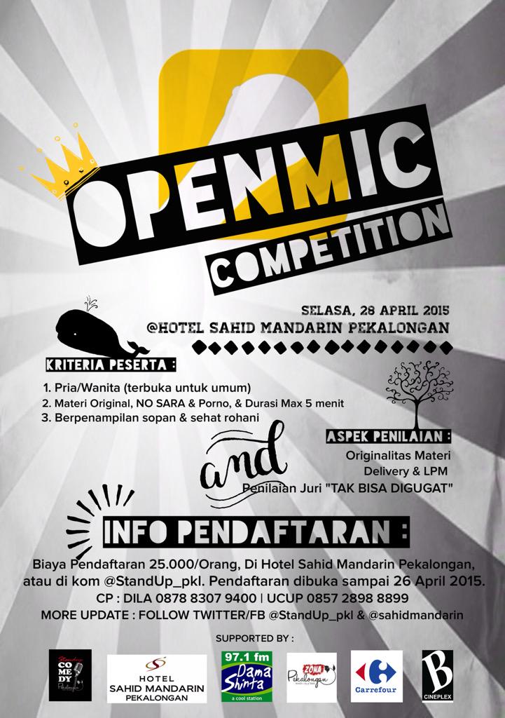 ZonaPekalongan's tweet photo. #OPENMICCOMPETITION @StandUp_pkl | Selasa 280415 @sahidmandarin | Pendaftaran @ 25k/orang http://t.co/amX0JFNPKZ