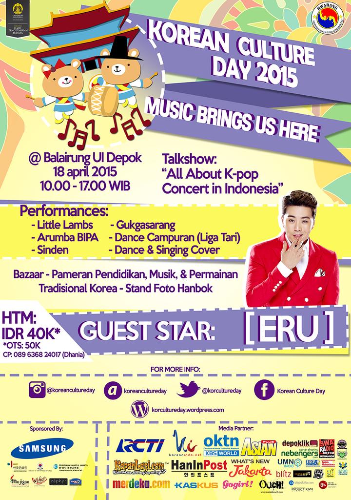 melodiary_store's tweet photo. [EVENT] "Korean Culture Day" 18 April 2015 @ Balairung UI, Guest Star: ERU! HTM: 40K. Info: @korcultureday http://t.co/hjavuQTahV