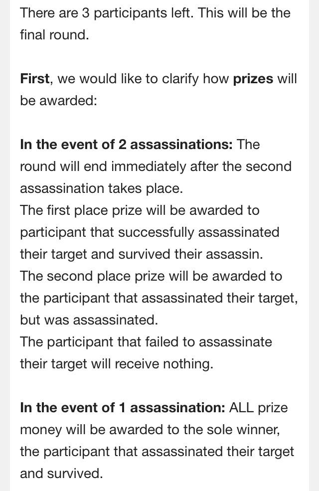 wvhsassassin's tweet photo. For those of you following along, here are the final round rule changes and prize awarding guidelines. http://t.co/pVOTLTFC3f