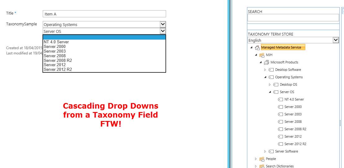 MartinHatch's tweet image. Just checking my #JSLink demo for tomorrow, Taxonomy Field dynamically loading cascading drop-downs! @EvoConf #spevo