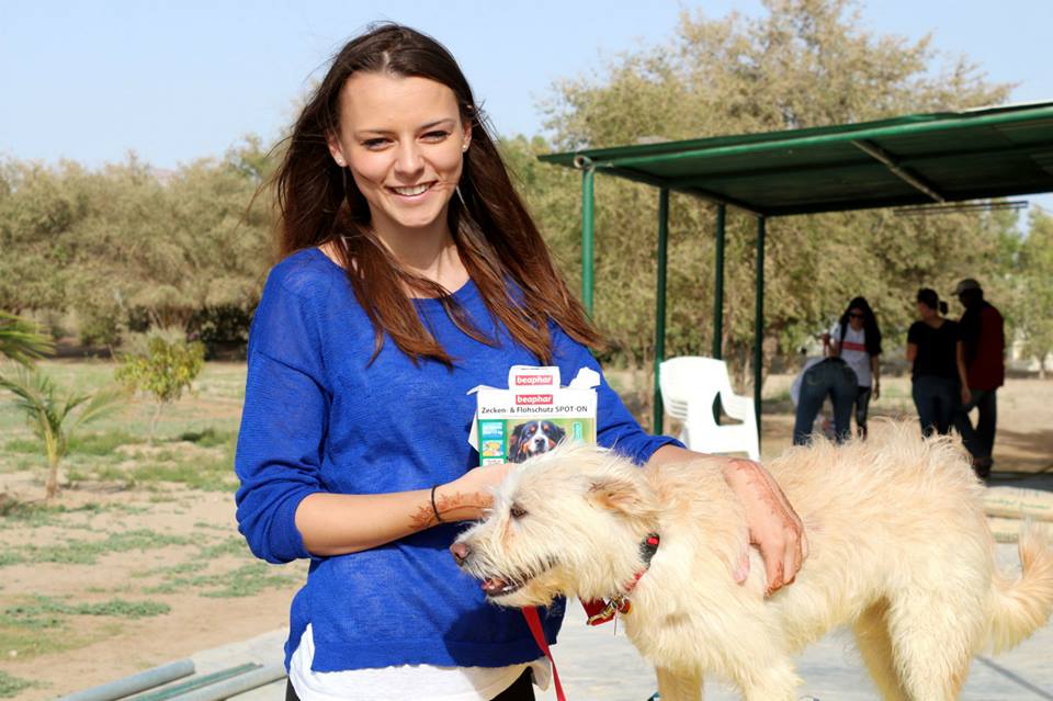 Das Bahya Sanctuary konnte mit unseren Spenden ua frontline kaufen! Auf dem Bild: Stephi und Lucy (sucht ein Zuhause)