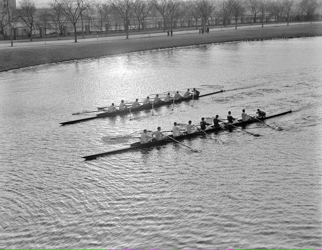 Harvard crew practicing on the Charles River (1930)