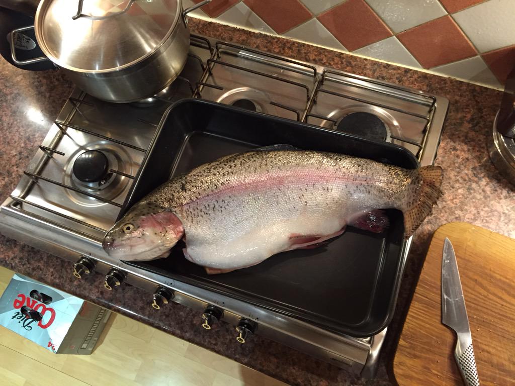 FryScot's tweet photo. @FryScot: Burgers by day, fishes by night :)
Thanks Ant for the freshly caught 8lbs Rainbow! yum..... http://t.co/ZRUUDsLzUc