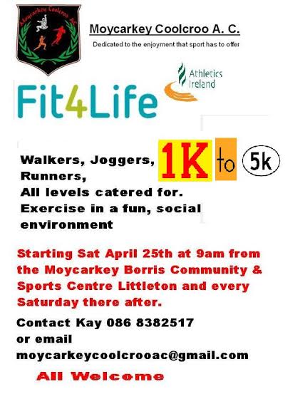 MoycarkeyCoolac's tweet photo. Fit4life starting Saturday 25th of April @ 9am from the Moycarkey CS Littleton. Spread the Word. Thanks.
All Welcome. http://t.co/JNYWC9CGGk