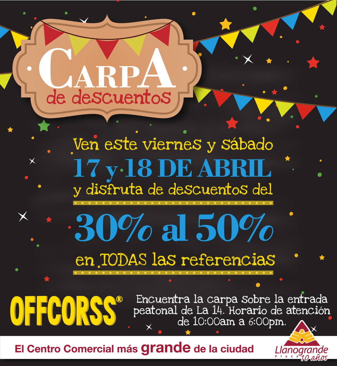 CC_LLANOGRANDE's tweet photo. Aprovecha la carpa de @OFFCORSS con descuentos del 30 al 50% sobre la entrada peatonal de la 14 en @CC_LLANOGRANDE http://t.co/MQ74HzhTpz