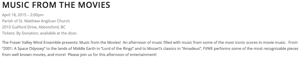 Curt_Derksen's tweet photo. Head to Parish of St. Matthew Anglican Church tomorrow to listen to @FVWE put on "Music from the Movies"! http://t.co/3pLIIW3iir