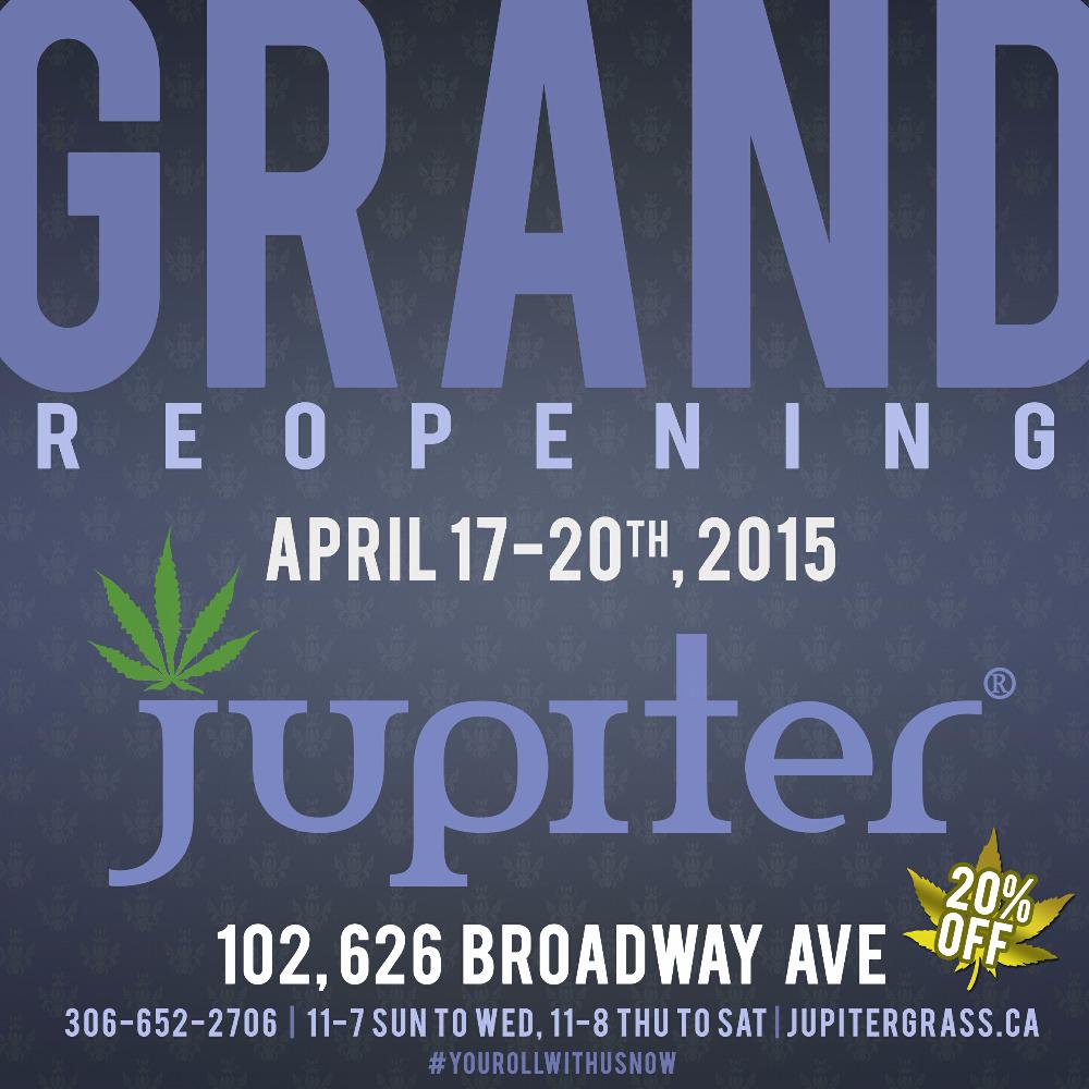 JupiterSask's tweet photo. Join us for 20% off today through Monday on almost everything in the store! 
Happy (almost) 420! http://t.co/uZyyweI4R4