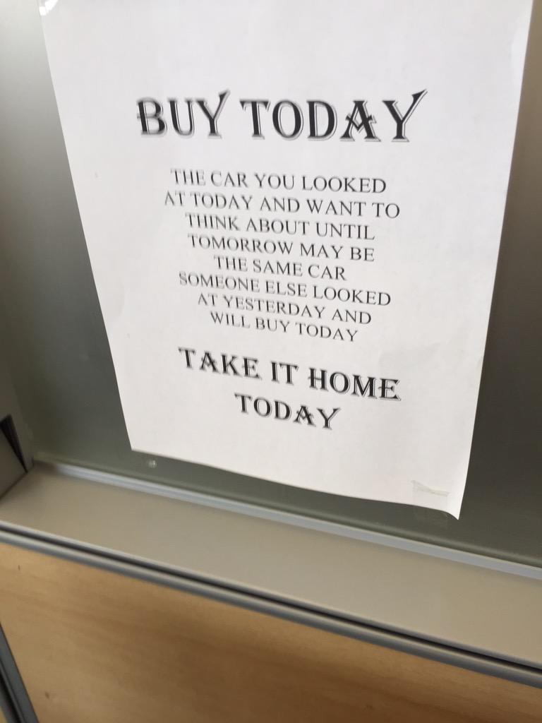 michaelyucha's tweet photo. At the car dealership. No pressure. I love car salesmen. #sad #immediate gratification http://t.co/vfNILbQnDb
