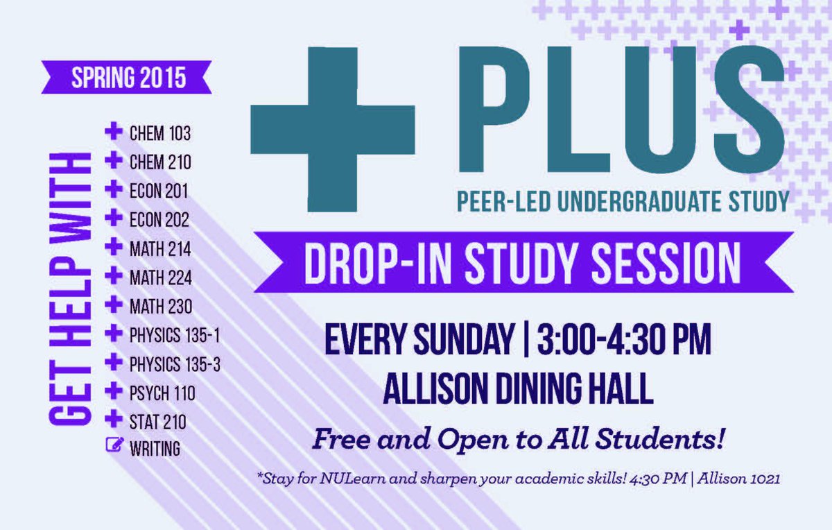 LearnNU's tweet image. PLUS starts up again this weekend! Drop-in study tables with Peer Leader help. New location in Allison dining hall.